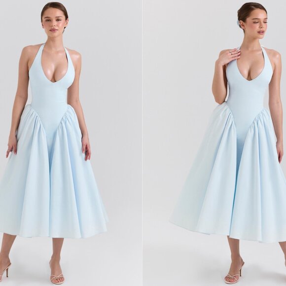 House of CB 'Marilyn' Soft Blue Cotton Twill Halter Midi Sundress NWOT - Picture 1 of 6
